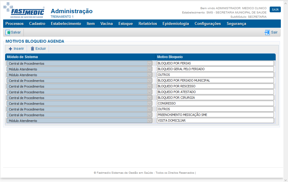 Motivo Bloqueio Agenda